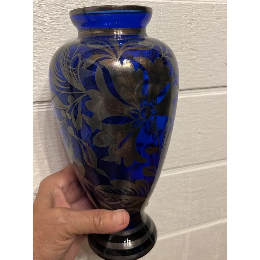 Vntg Silver Deposit Overlay Bud Vase Cobalt Blue Italian Floral 8.75